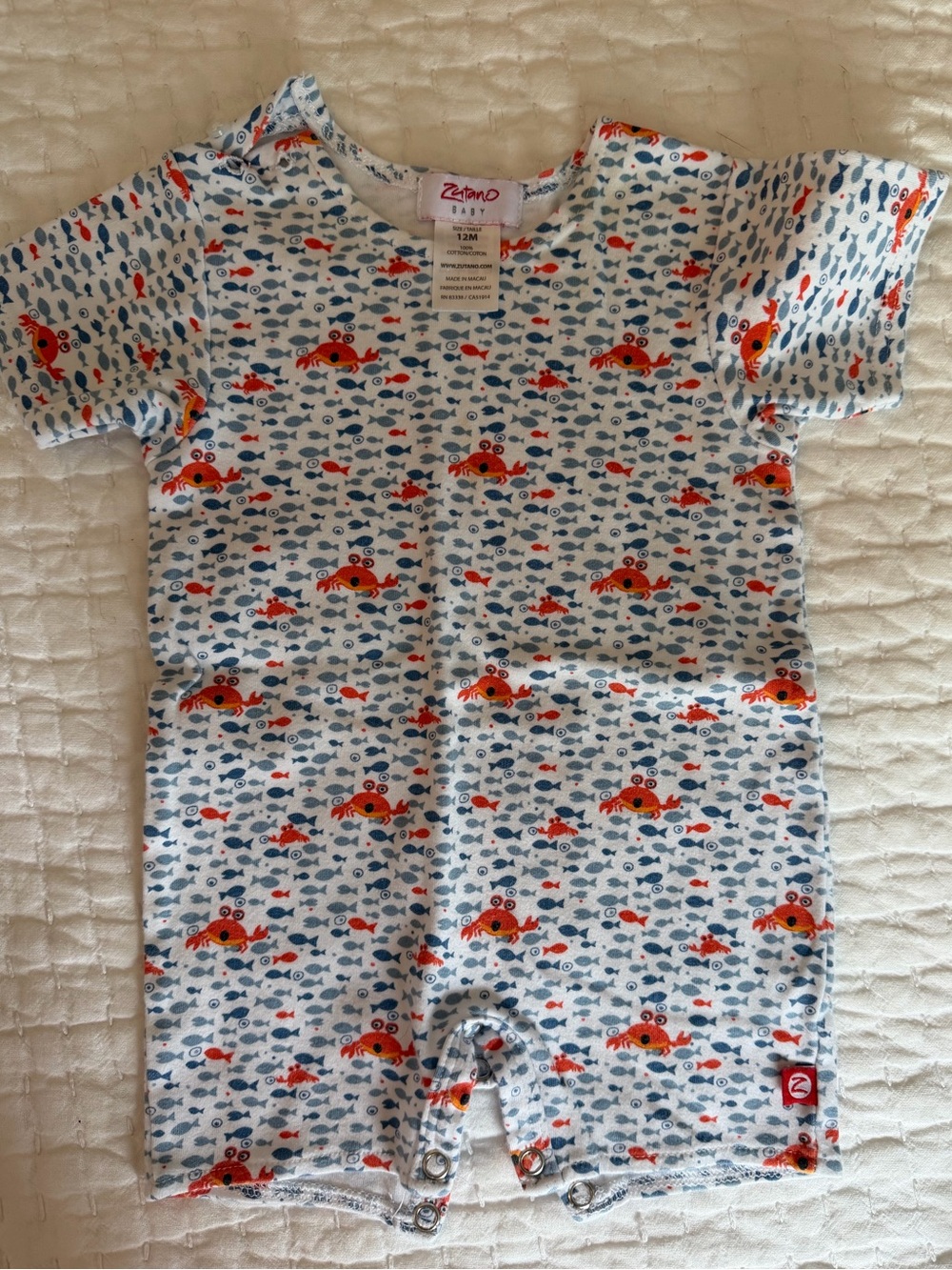 Zutano Baby Romper in White with Red & Blue Fish/Crab Print, 12M